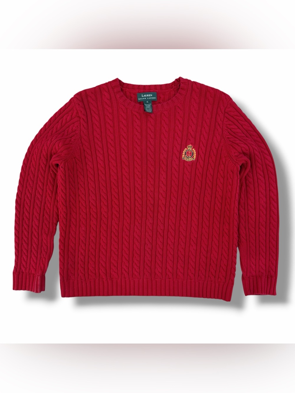 Vintage Lauren Ralph Lauren Cable Knit Crest Sweater Red Women’s Size Small